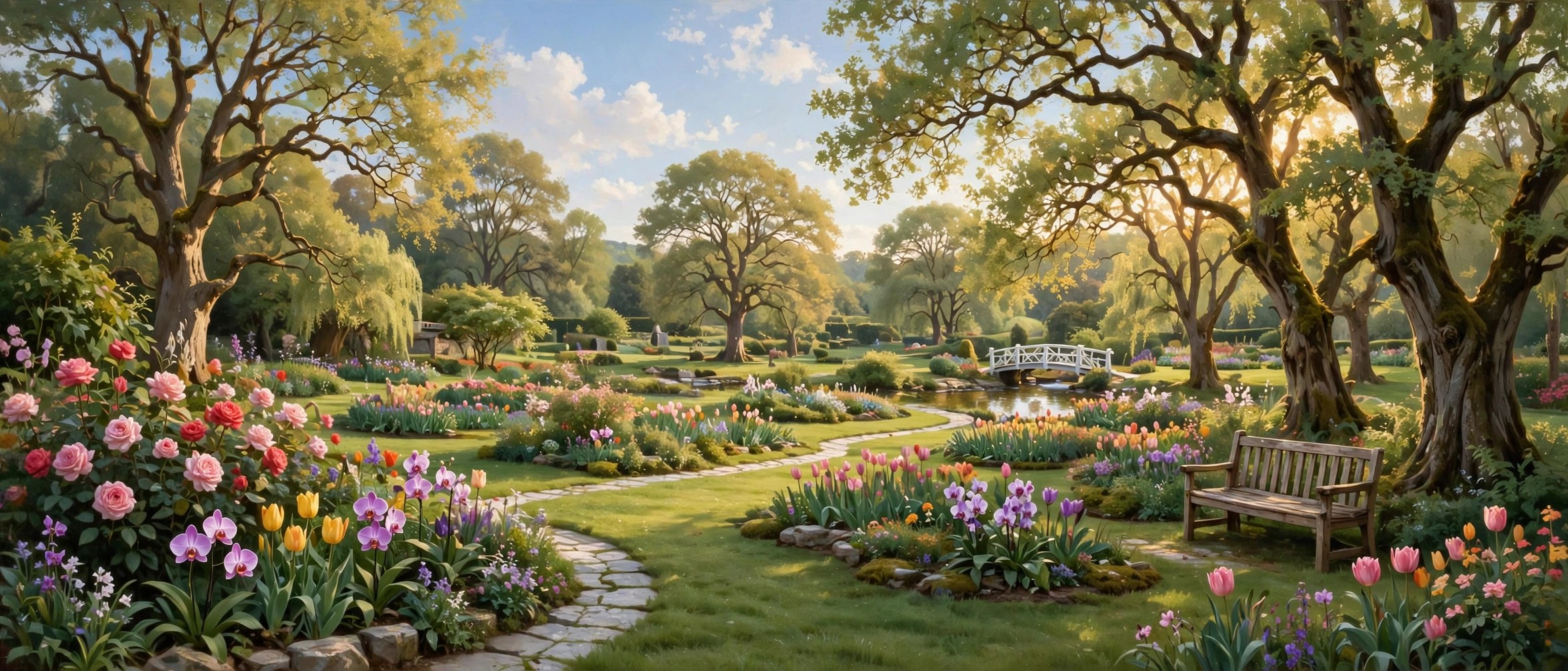 A peaceful garden with flowers, trees and a bench